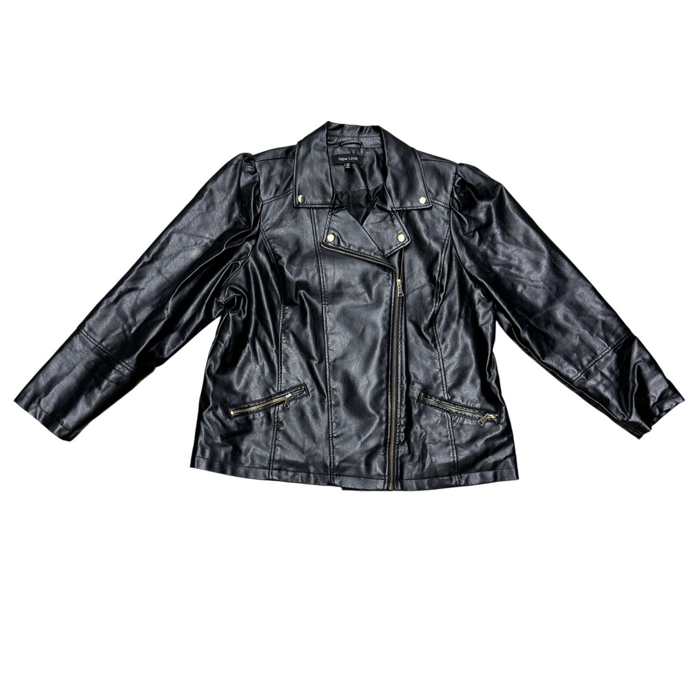 New Look Black Faux Leather Moto Jacket Puff Shoulder Gold Hardware 2X